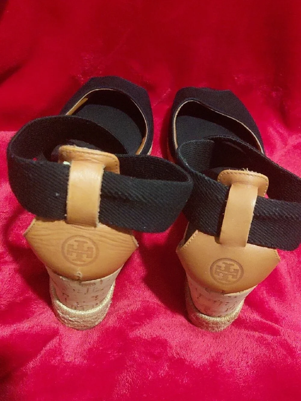 Tory Burch Black and Tan Espadrille Wedge Sandals